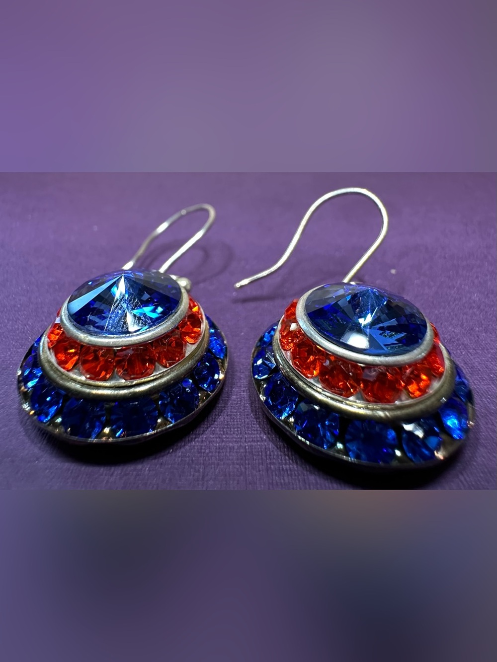 Anne Koplik Americana crystal halo dangle earrings with red and blue stones. - Picture 3 of 7